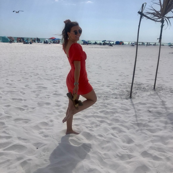 Puff Sleeve Mini Dress Coral Orange - Picture 3 of 5